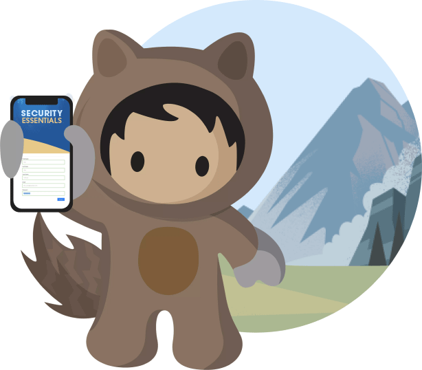A person dressed like a raccoon holds up a mobile app that says “SECURITY ESSENTIALS” on the screen