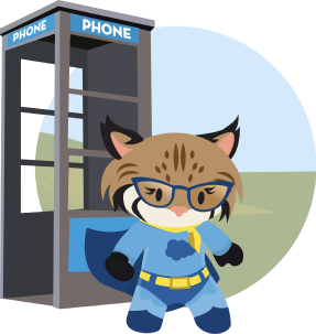 A bobcat emerges from a phone booth wearing a superhero outfit with the Salesforce cloud on the chest